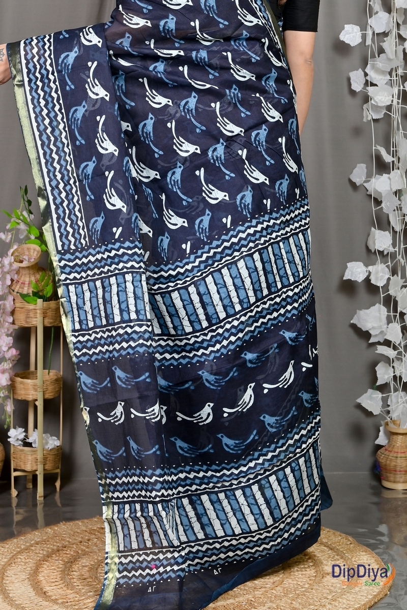 Blue White Cotton Soumava Printed Handloom Saree (590)